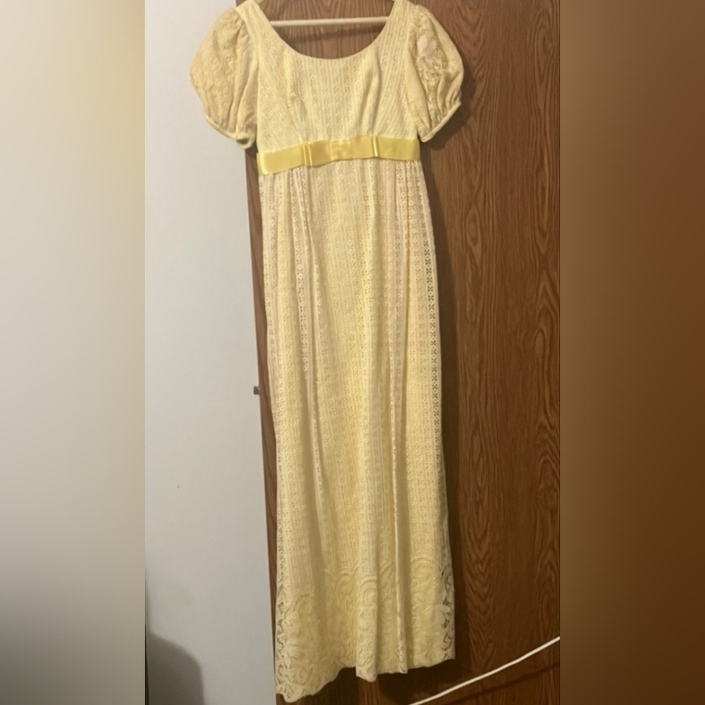 Vintage Handmade 1970s Regency Style Yellow Lace Maxi Dress